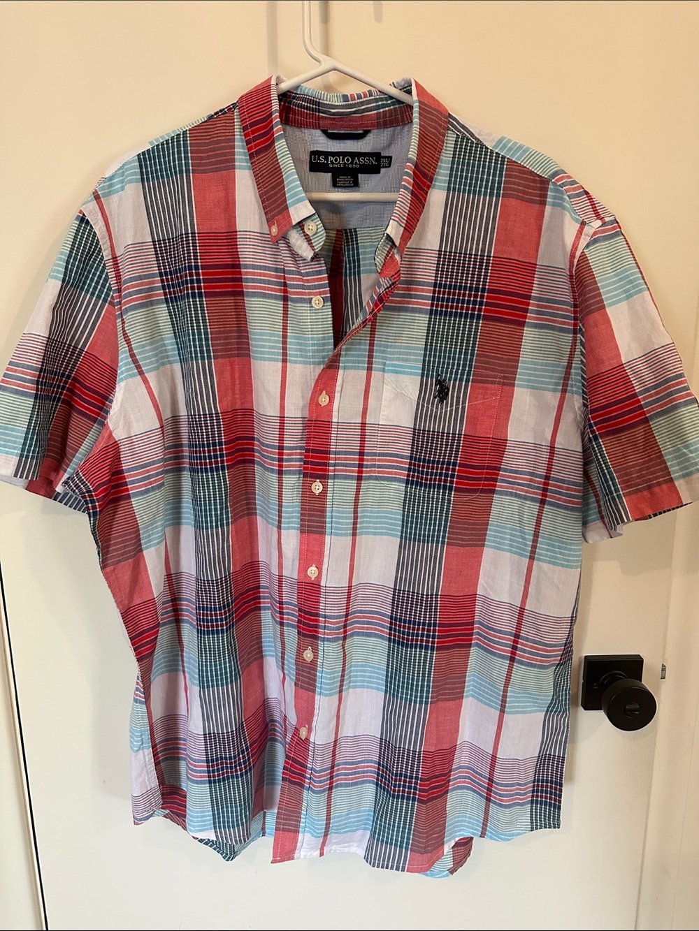 U.S. Polo Assn. Men’s Short-Sleeve Plaid Button-Up Shirt - Red & Blue